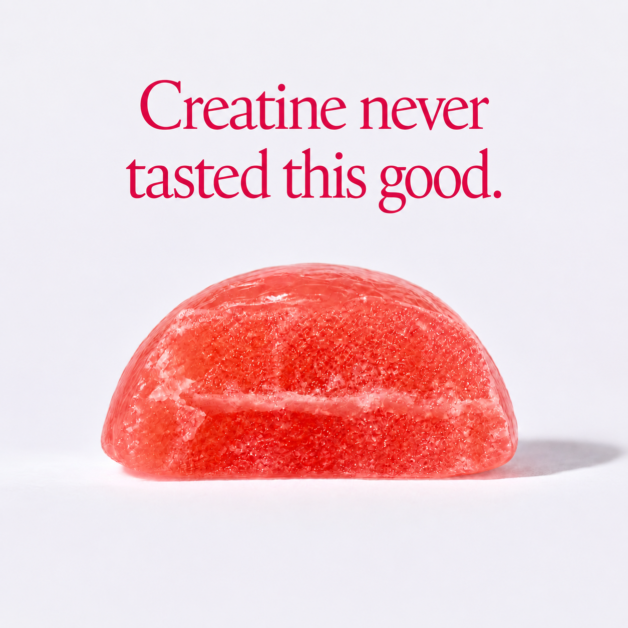 גומיית קריאטין ורודה בחתך עם הכיתוב Creatine never tasted this good